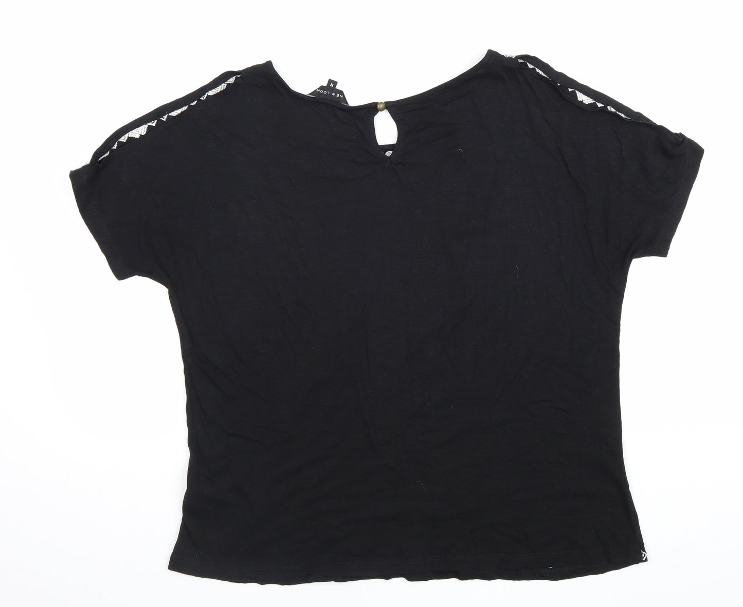 New Look Womens Black Geometric Cotton Basic Blouse Size 12 Round Neck