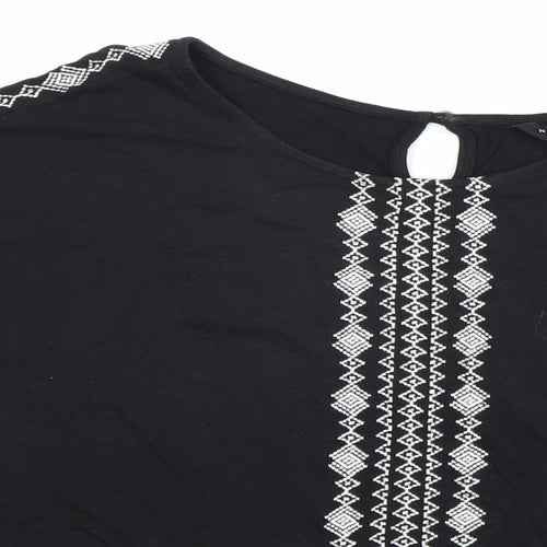 New Look Womens Black Geometric Cotton Basic Blouse Size 12 Round Neck
