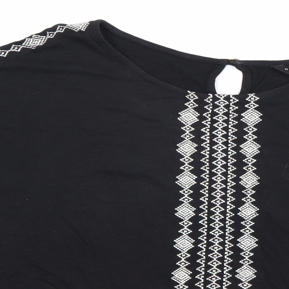New Look Womens Black Geometric Cotton Basic Blouse Size 12 Round Neck