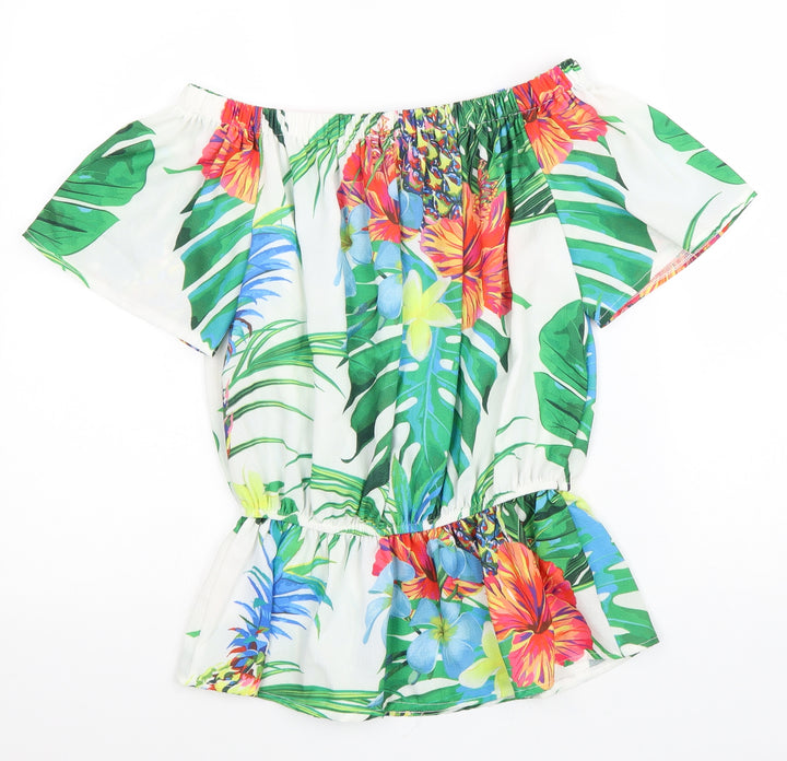 Quiz Womens White Floral Polyester Basic Blouse Size 10 Off the Shoulder