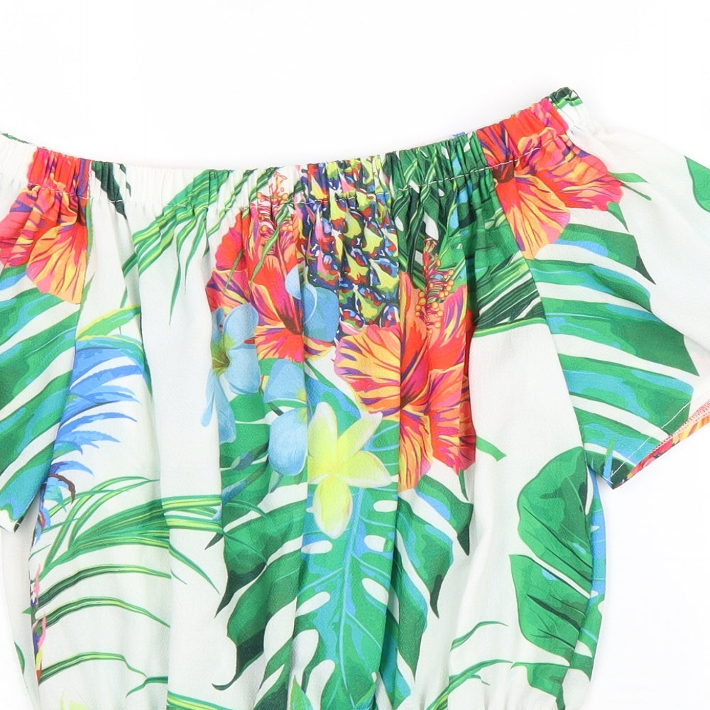 Quiz Womens White Floral Polyester Basic Blouse Size 10 Off the Shoulder