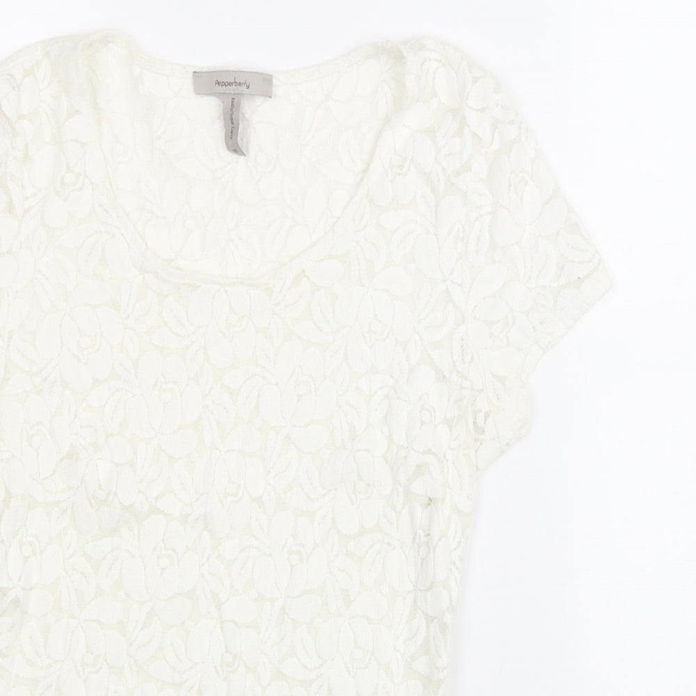 Pepperberry Womens White Floral Cotton Basic T-Shirt Size 10 Scoop Neck