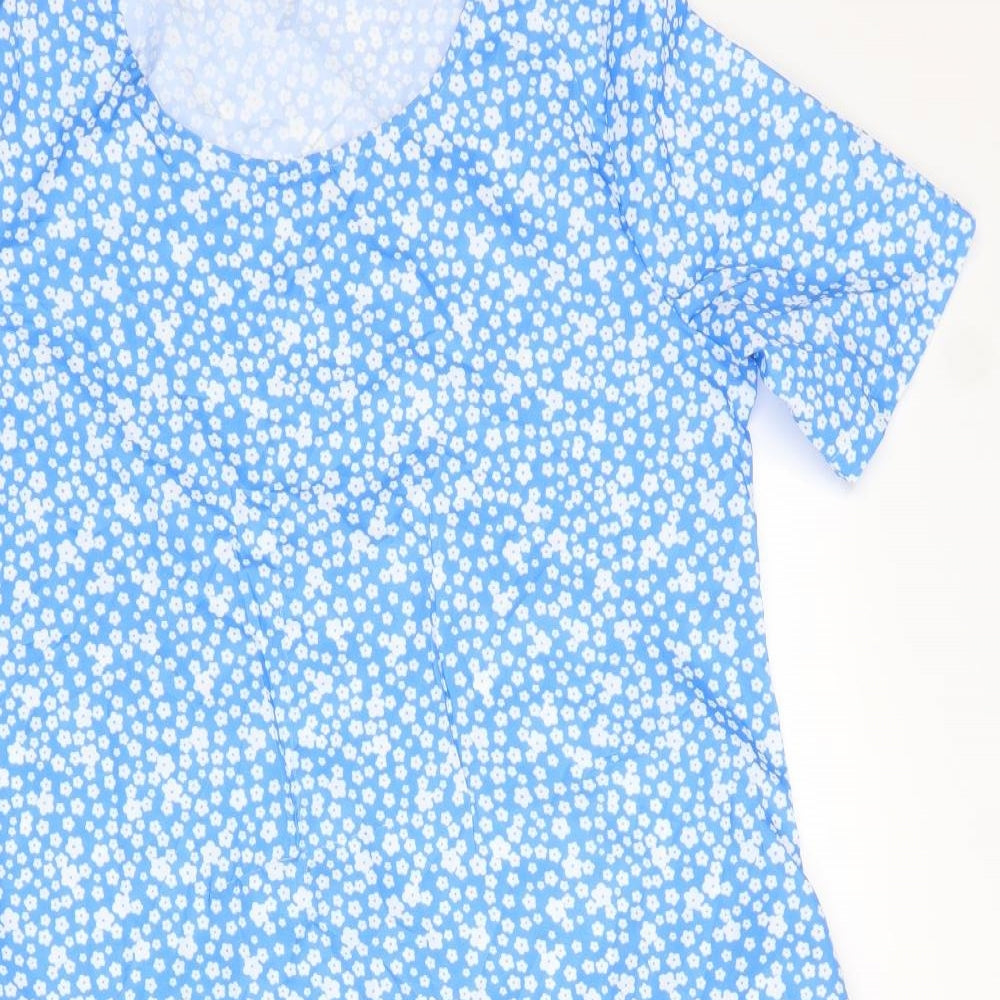 Preworn Womens Blue Floral Polyester Trapeze & Swing Size L Round Neck Pullover