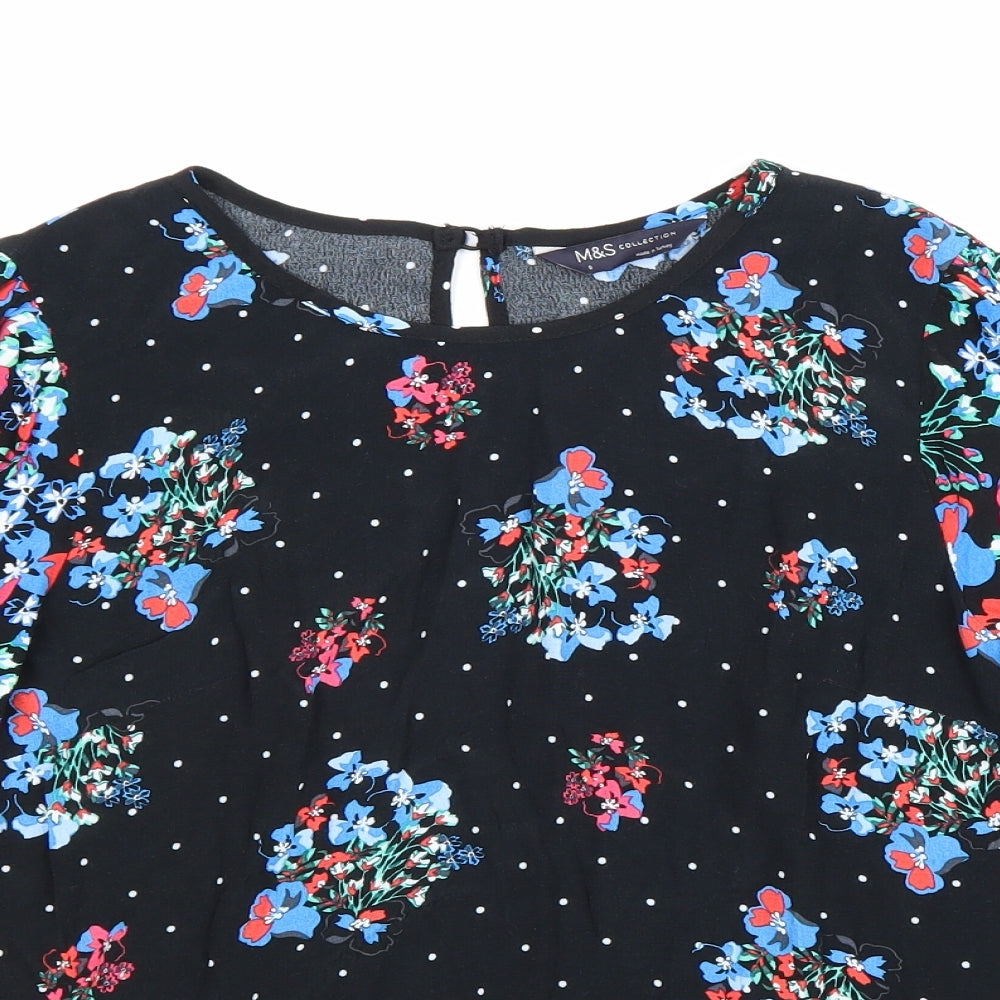 Marks and Spencer Womens Black Floral Viscose Basic Blouse Size 8 Boat Neck