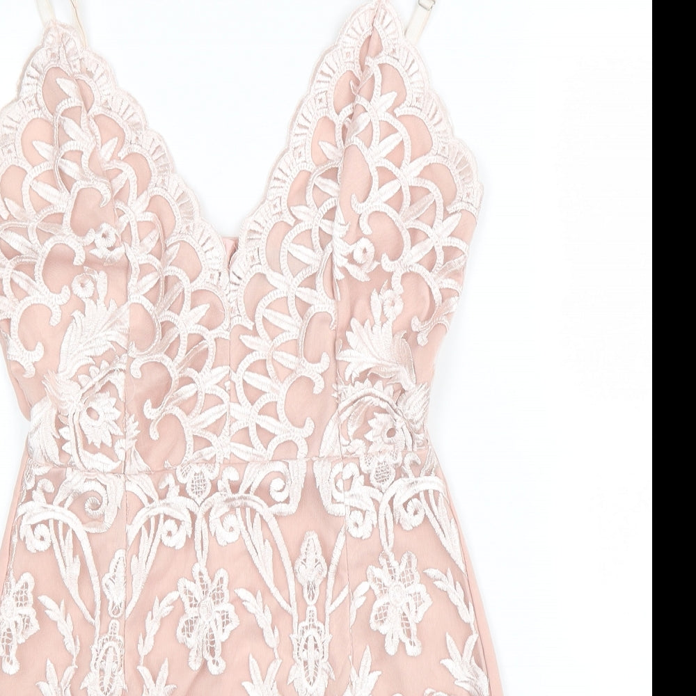 PRETTYLITTLETHING Womens Pink Geometric Polyester Bodycon Size 8 V-Neck Zip