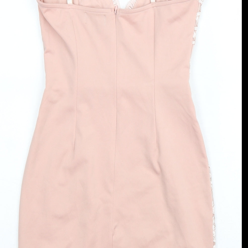 PRETTYLITTLETHING Womens Pink Geometric Polyester Bodycon Size 8 V-Neck Zip