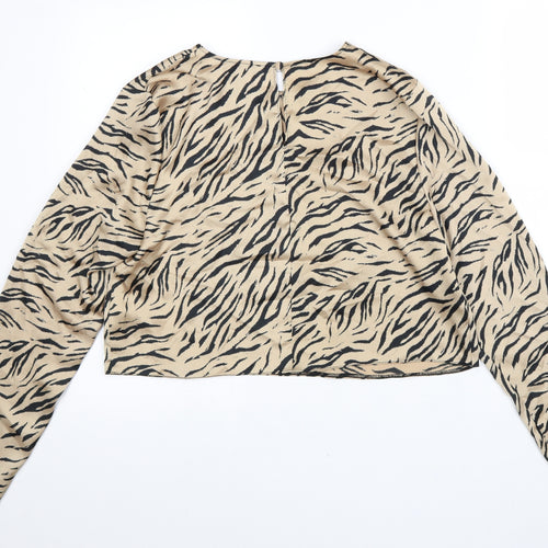 Primark Womens Beige Animal Print Polyester Cropped Blouse Size 14 Round Neck - Tiger Pattern
