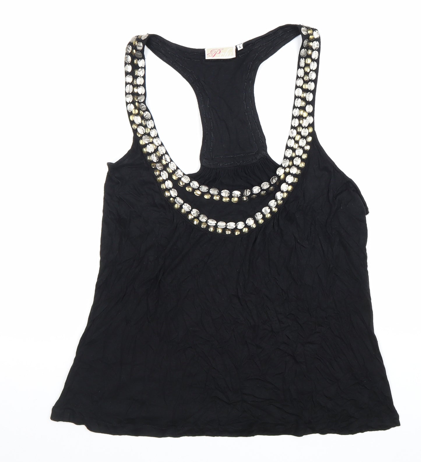 P-Chi Womens Black Viscose Basic Tank Size L Round Neck