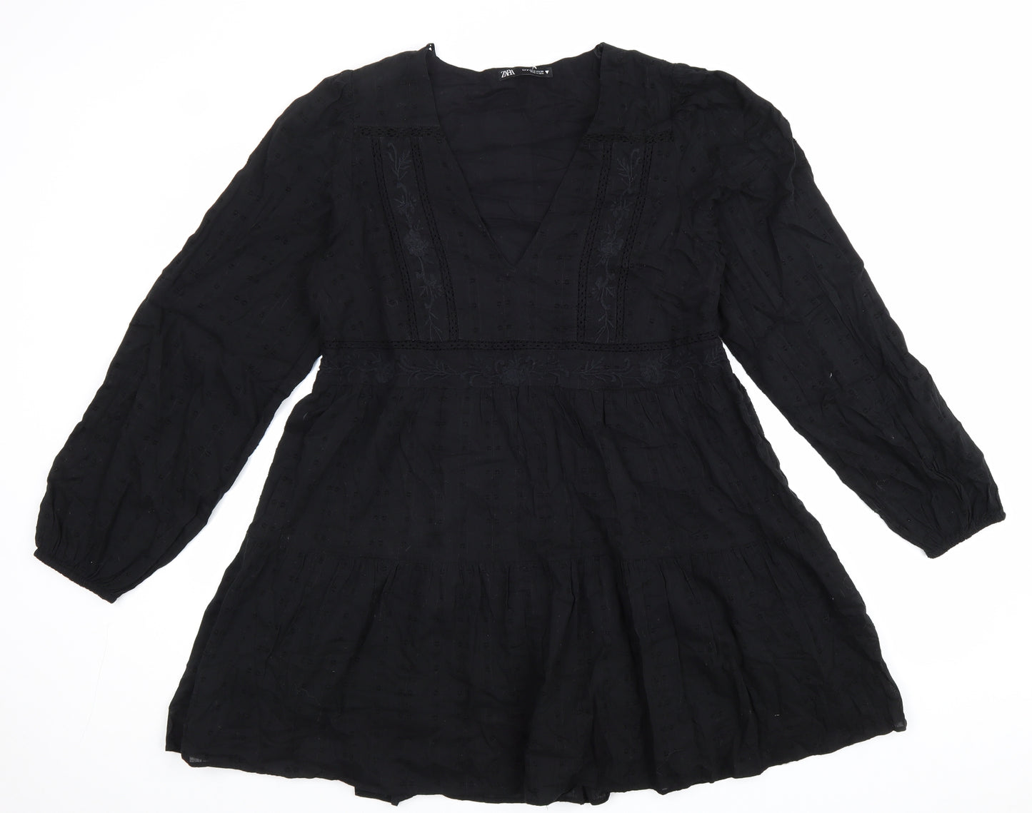 Zara Womens Black 100% Cotton Fit & Flare Size M V-Neck Zip