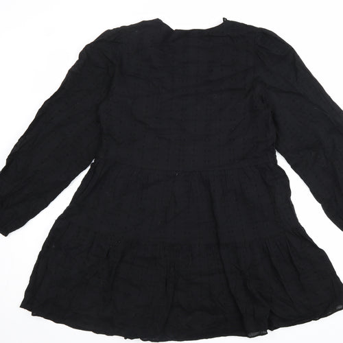 Zara Womens Black 100% Cotton Fit & Flare Size M V-Neck Zip