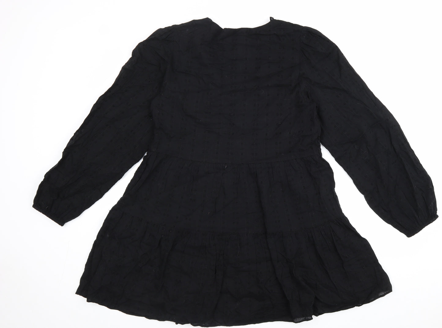 Zara Womens Black 100% Cotton Fit & Flare Size M V-Neck Zip