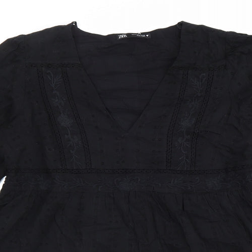 Zara Womens Black 100% Cotton Fit & Flare Size M V-Neck Zip
