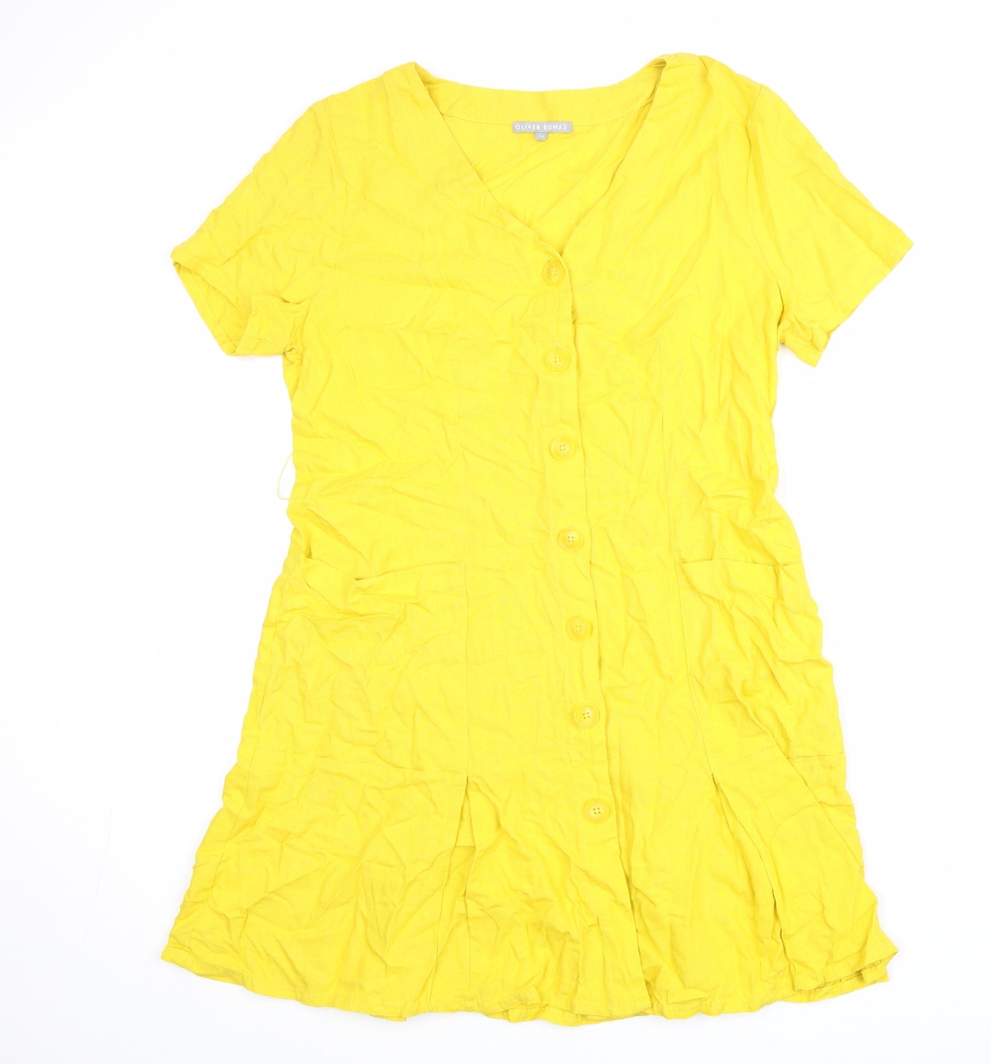 Oliver Bonas Womens Yellow Viscose Trapeze & Swing Size 12 V-Neck Button