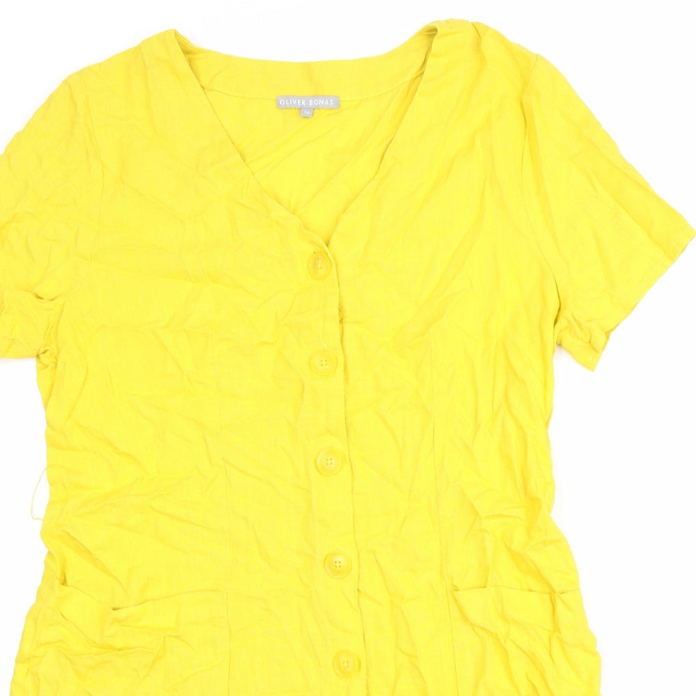 Oliver Bonas Womens Yellow Viscose Trapeze & Swing Size 12 V-Neck Button