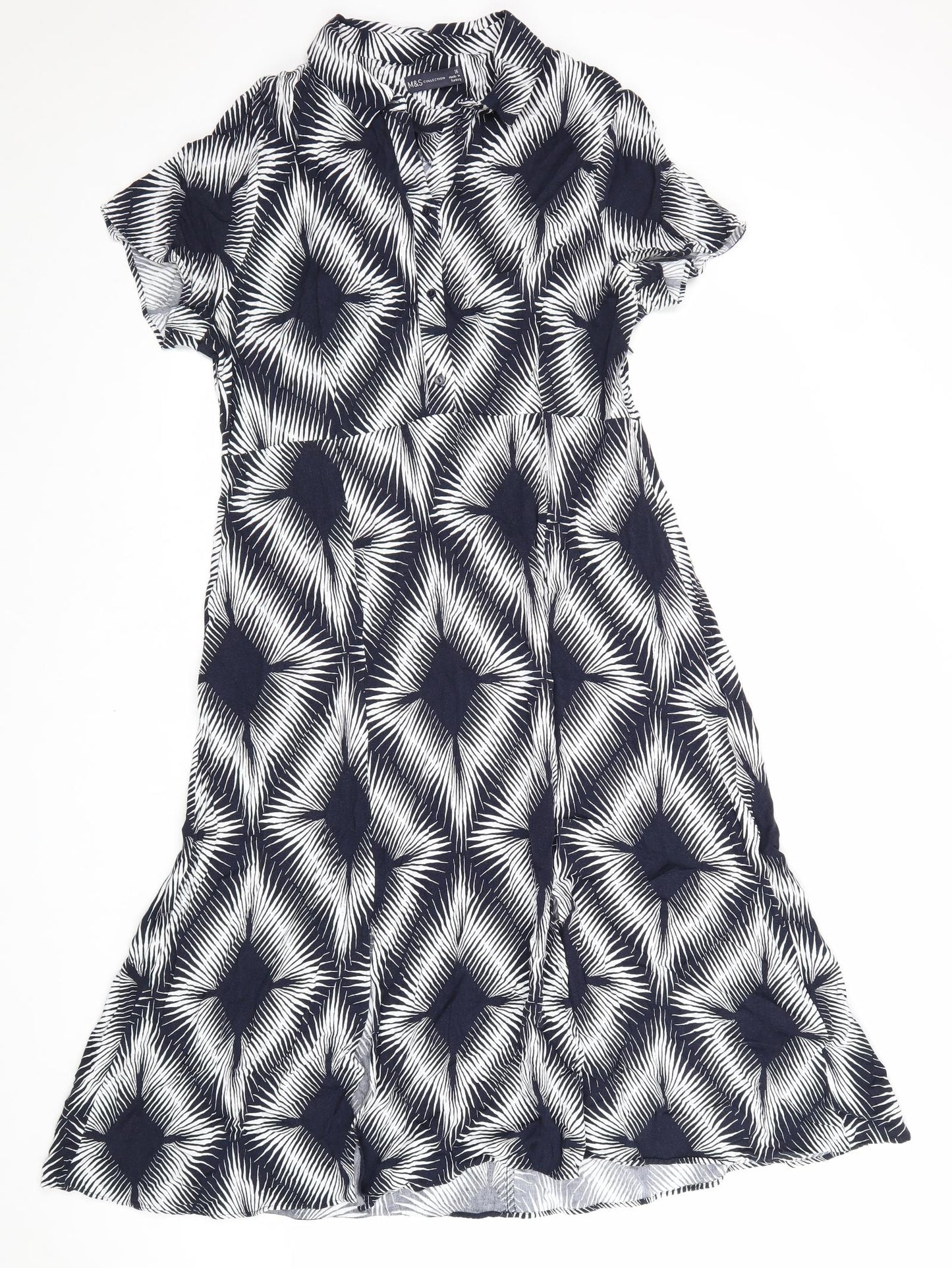 Marks and Spencer Womens Blue Geometric Viscose Shirt Dress Size 16 Collared Zip