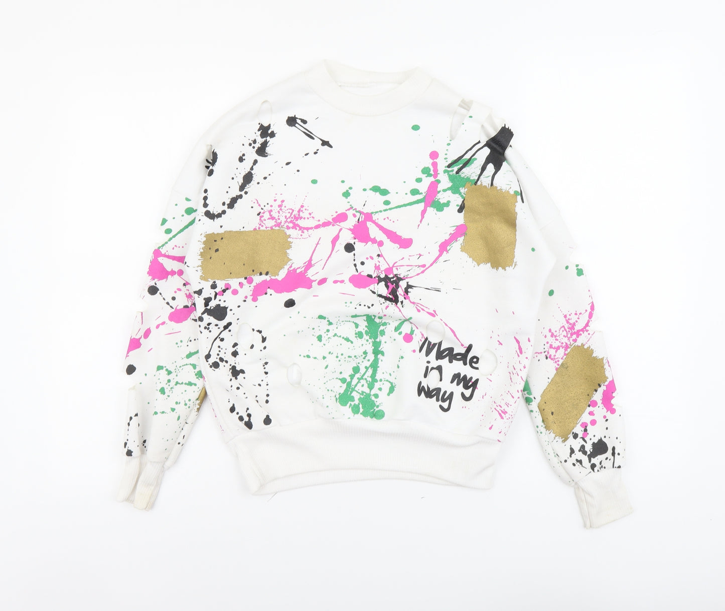 SheIn Girls White Geometric Polyester Pullover Sweatshirt Size 7-8 Years Pullover - Made In My Way