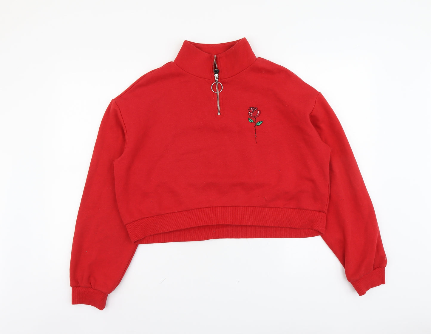 H&M Womens Red Cotton Pullover Sweatshirt Size M Zip - Floral Detail