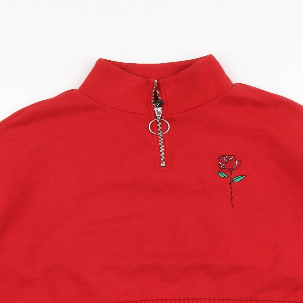 H&M Womens Red Cotton Pullover Sweatshirt Size M Zip - Floral Detail