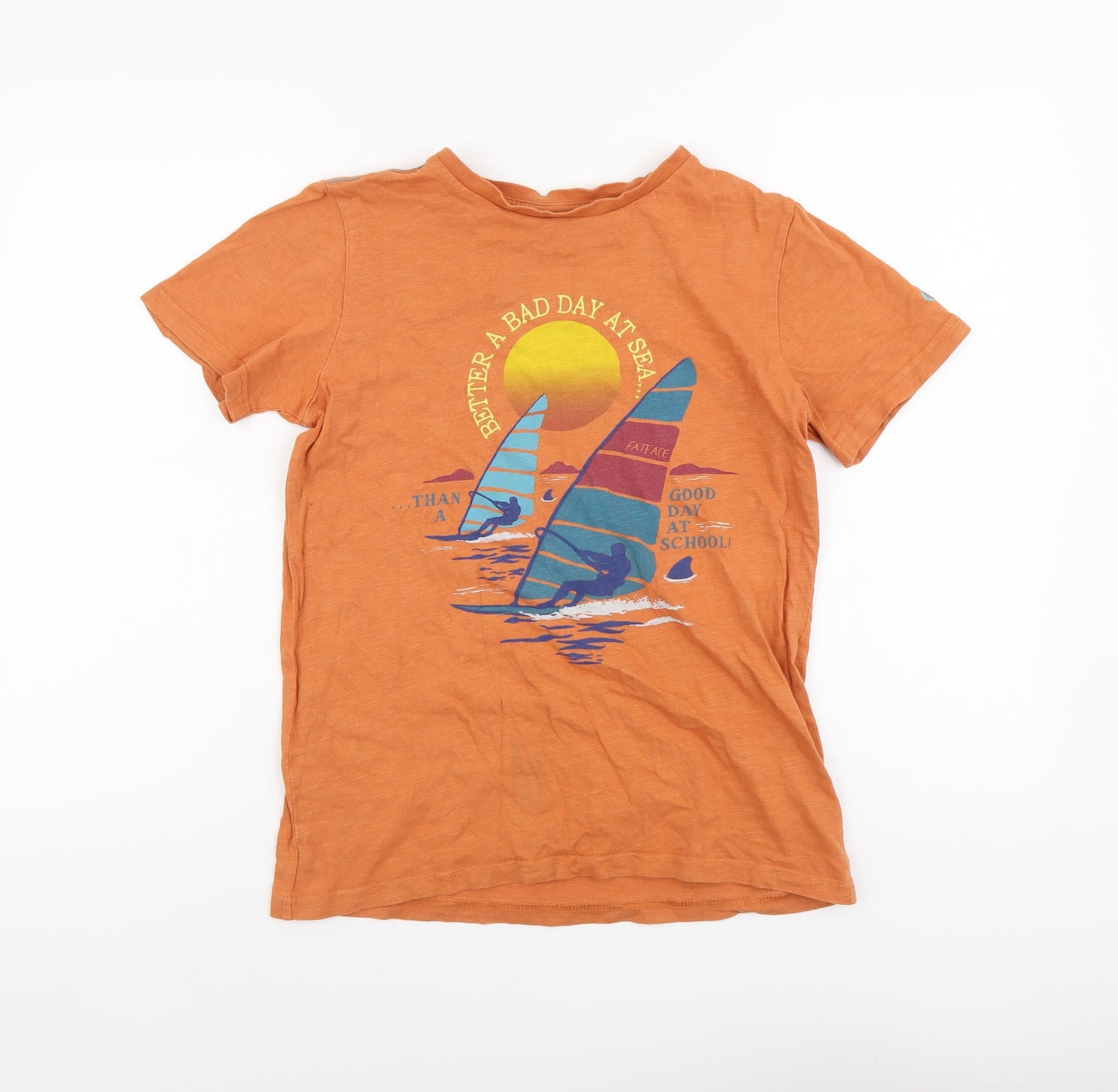 Fat Face Boys Orange Cotton Basic T-Shirt Size 12-13 Years Round Neck Pullover - Better a Bad day at Sea