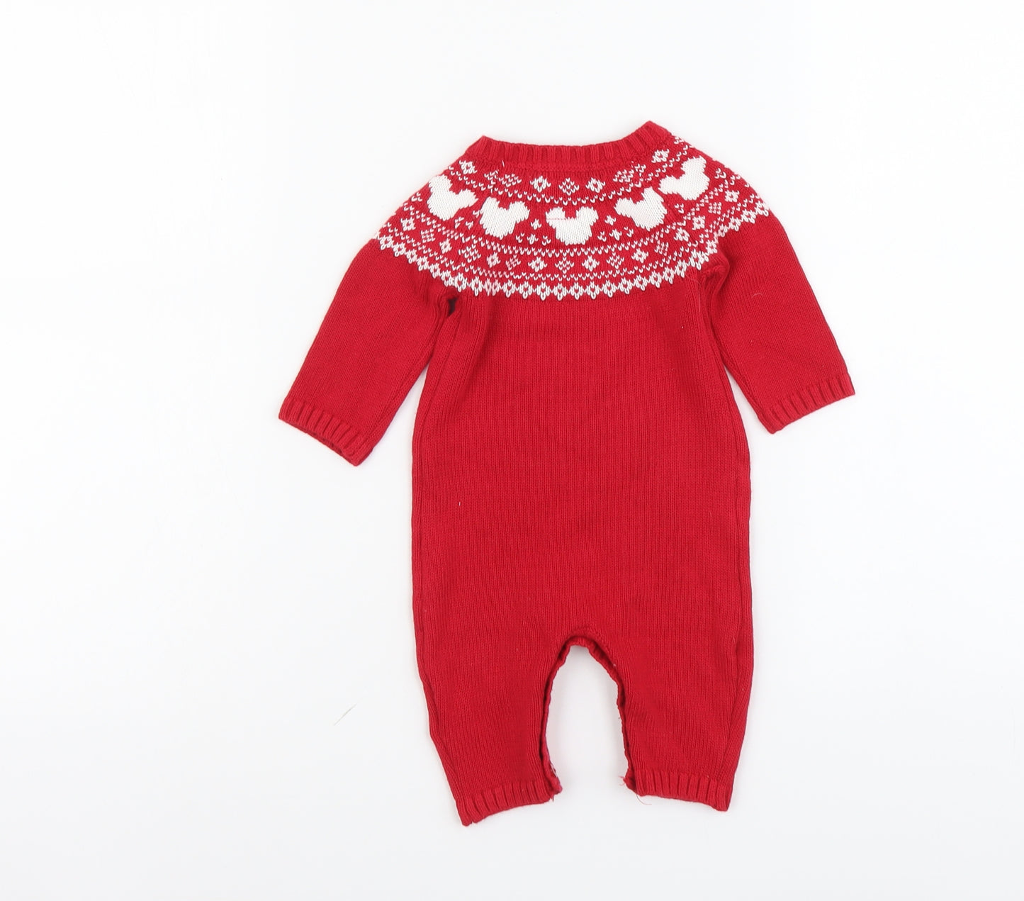 Primark Baby Red Fair Isle Cotton Romper One-Piece Size 0-3 Months Button - Mickey Mouse