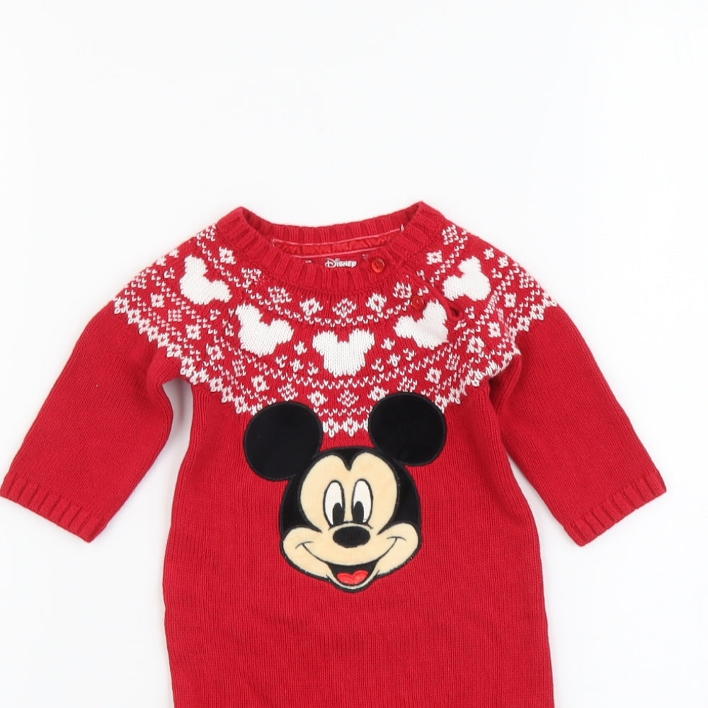Primark Baby Red Fair Isle Cotton Romper One-Piece Size 0-3 Months Button - Mickey Mouse