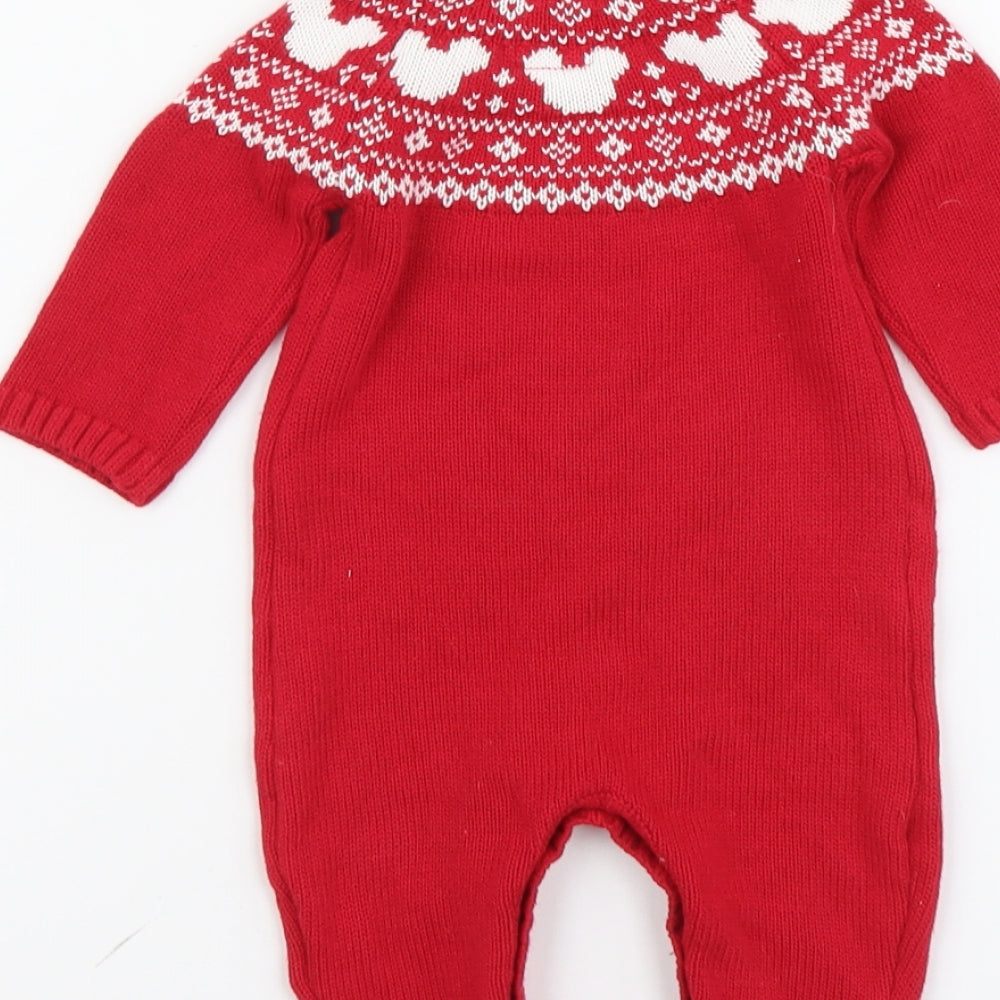 Primark Baby Red Fair Isle Cotton Romper One-Piece Size 0-3 Months Button - Mickey Mouse