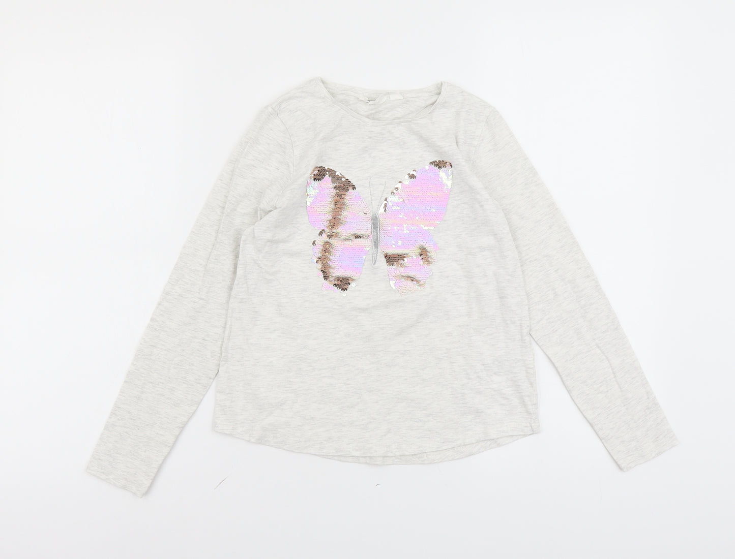 H&M Girls Grey Cotton Basic T-Shirt Size 8-9 Years Round Neck Pullover - Butterfly