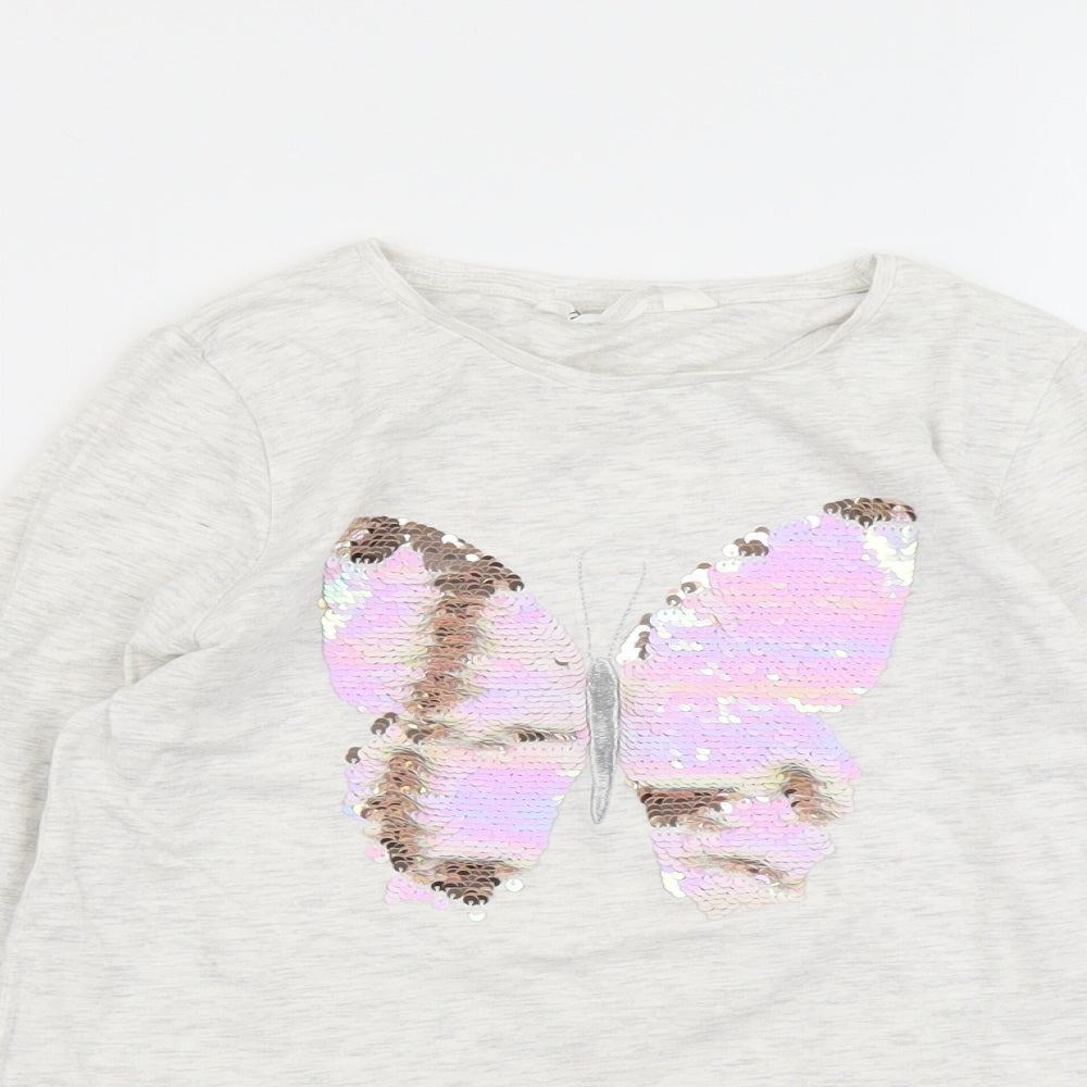 H&M Girls Grey Cotton Basic T-Shirt Size 8-9 Years Round Neck Pullover - Butterfly