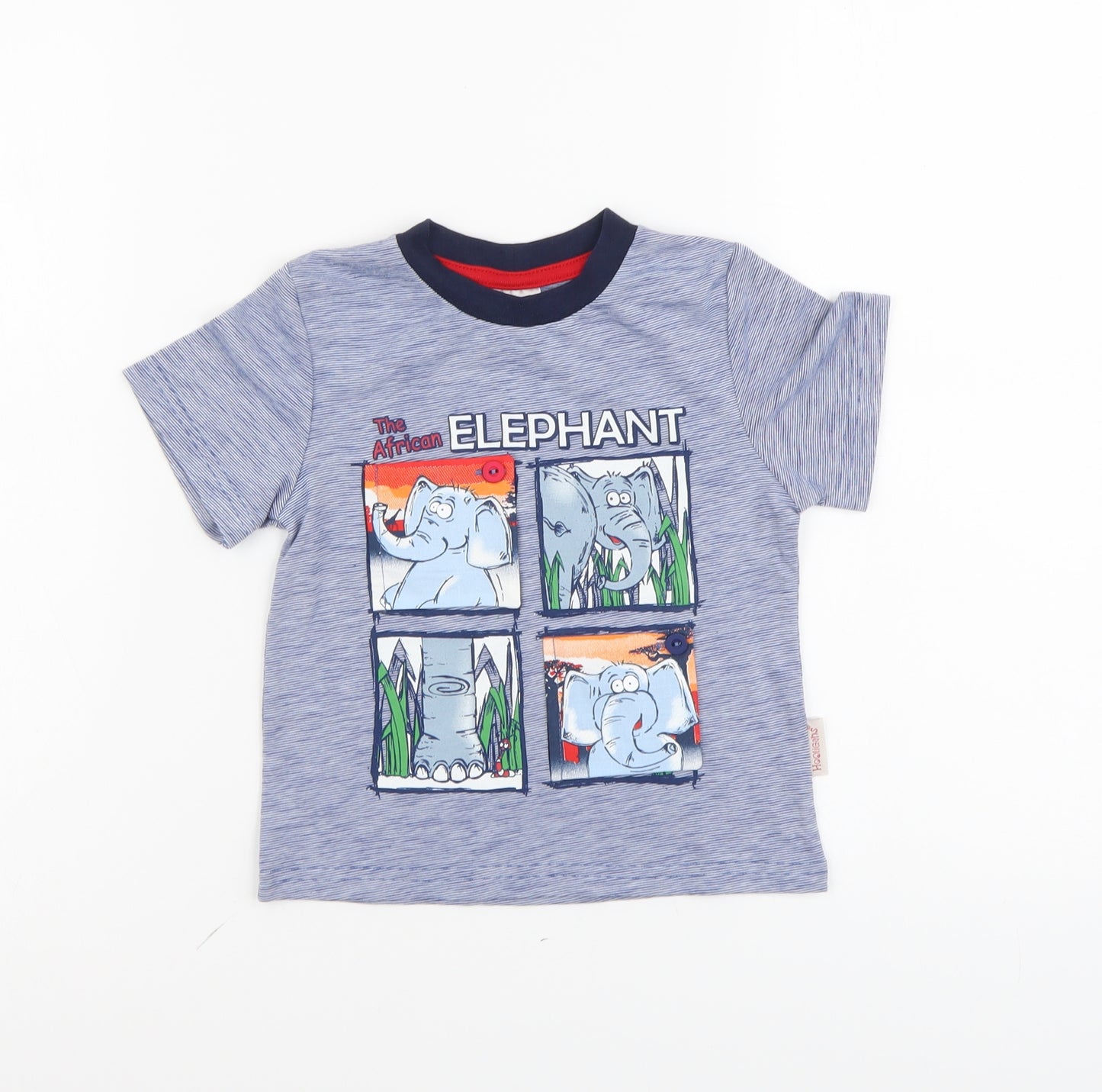 Hooligans Boys Blue Cotton Basic T-Shirt Size 2-3 Years Round Neck Pullover - The African Elephant