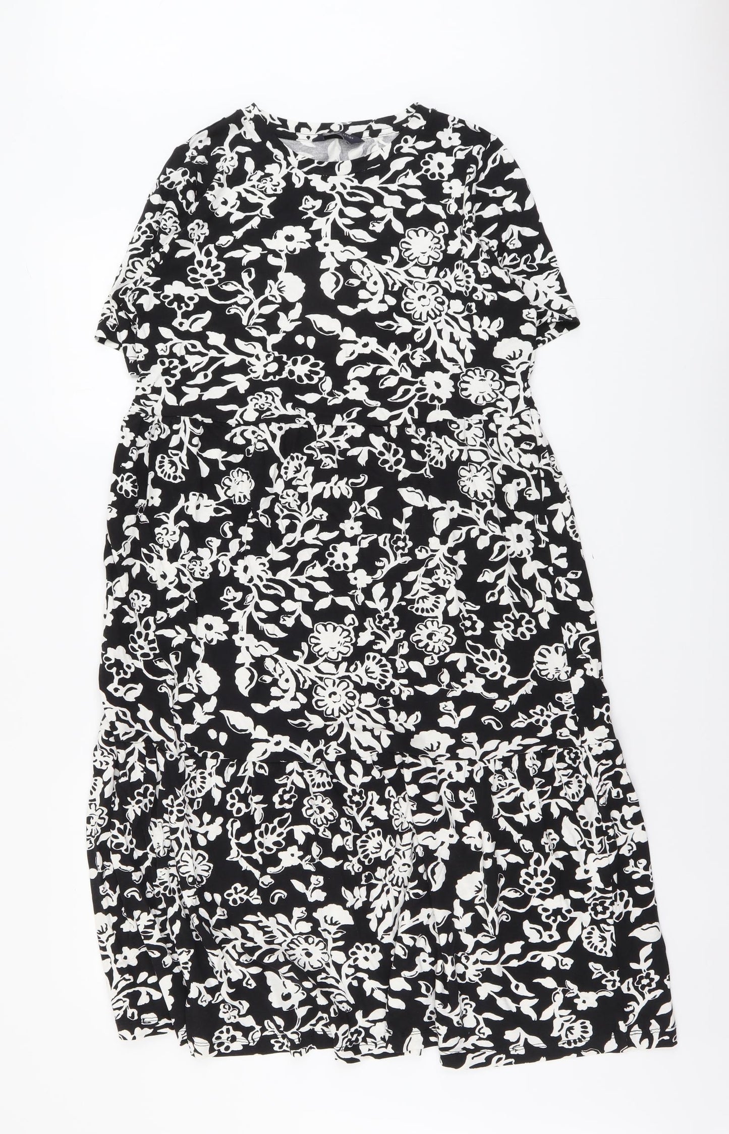 Marks and Spencer Womens Black Floral Cotton A-Line Size 14 Round Neck Pullover