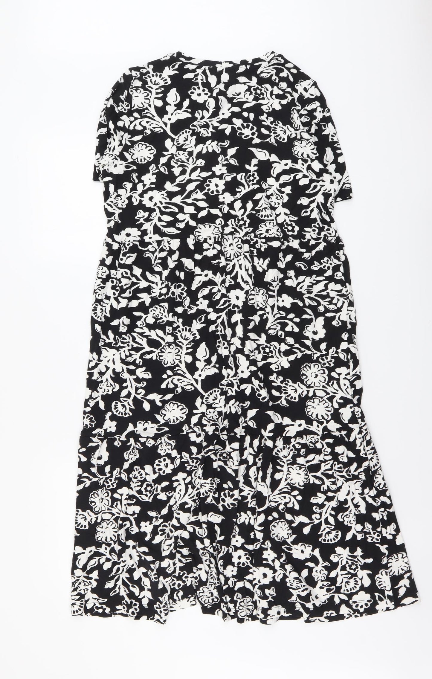 Marks and Spencer Womens Black Floral Cotton A-Line Size 14 Round Neck Pullover