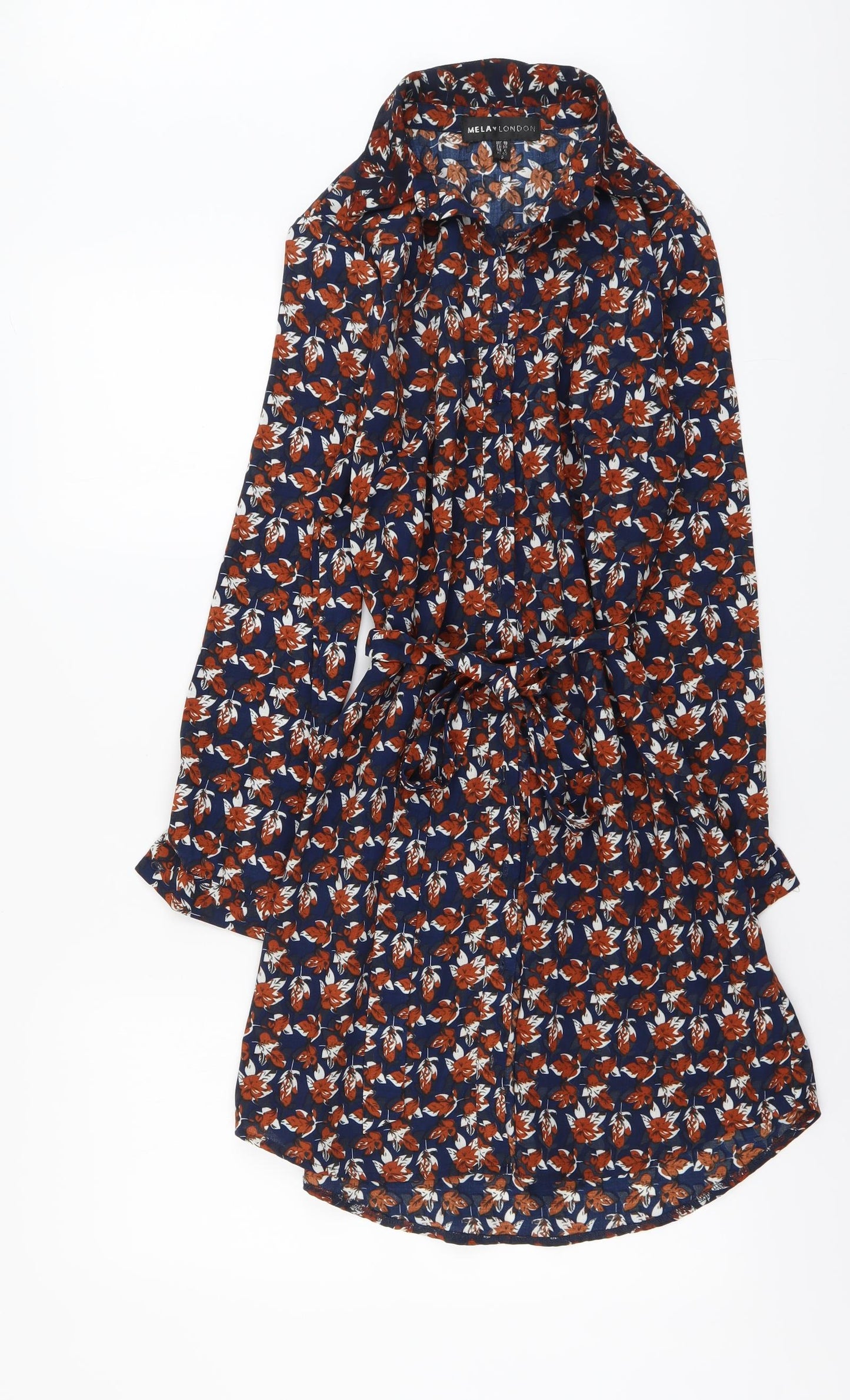 Mela London Womens Blue Floral Cotton A-Line Size 10 Collared Button