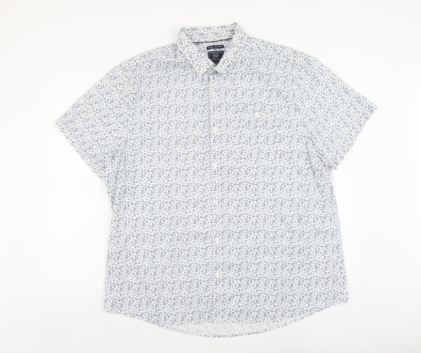 F&F Mens Blue Floral Cotton Button-Up Size 2XL Collared Button