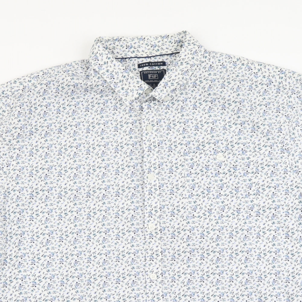 F&F Mens Blue Floral Cotton Button-Up Size 2XL Collared Button
