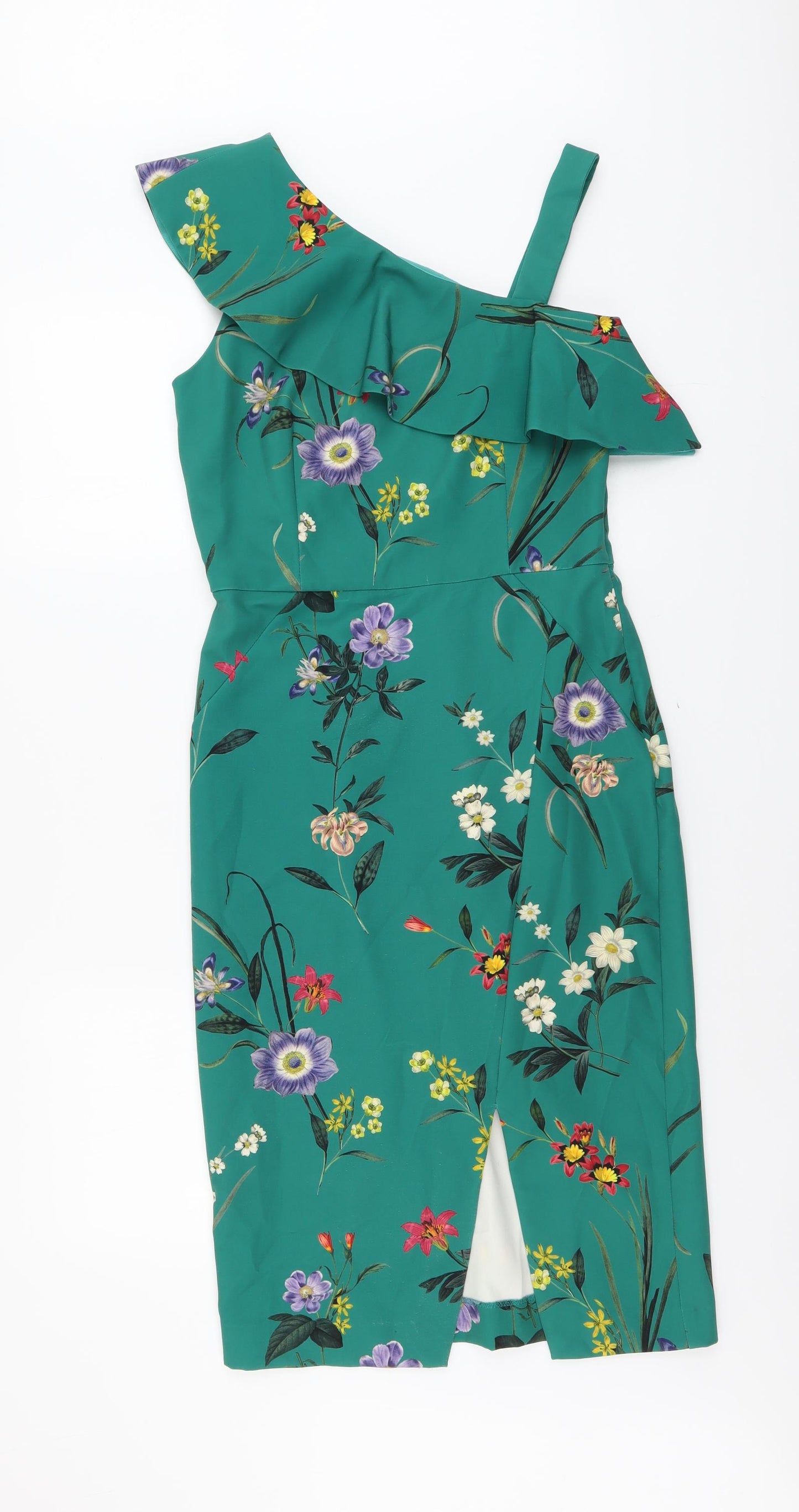 Oasis Womens Green Floral Polyester A-Line Size 10 V-Neck Zip
