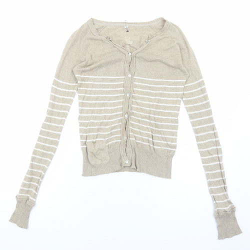 Preworn Womens Beige V-Neck Striped Cotton Cardigan Jumper Size S