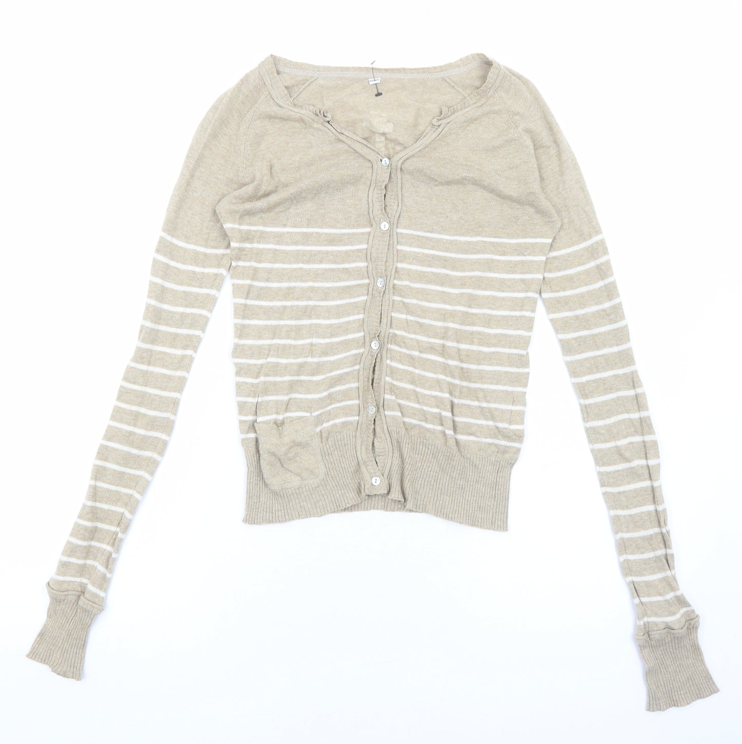 Preworn Womens Beige V-Neck Striped Cotton Cardigan Jumper Size S