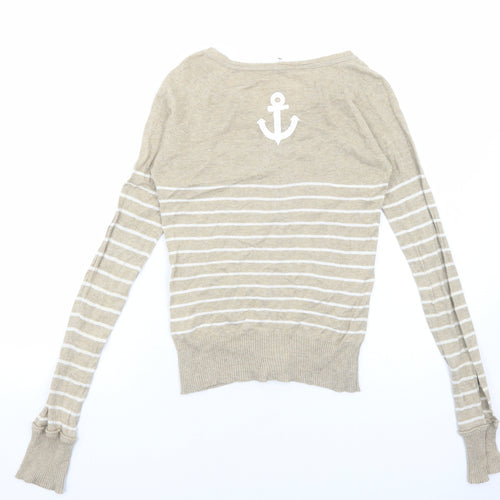 Preworn Womens Beige V-Neck Striped Cotton Cardigan Jumper Size S