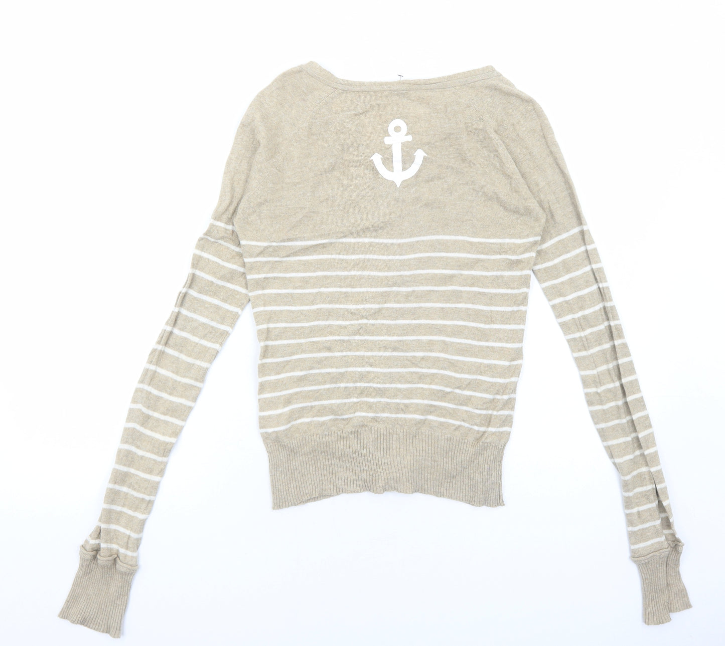 Preworn Womens Beige V-Neck Striped Cotton Cardigan Jumper Size S