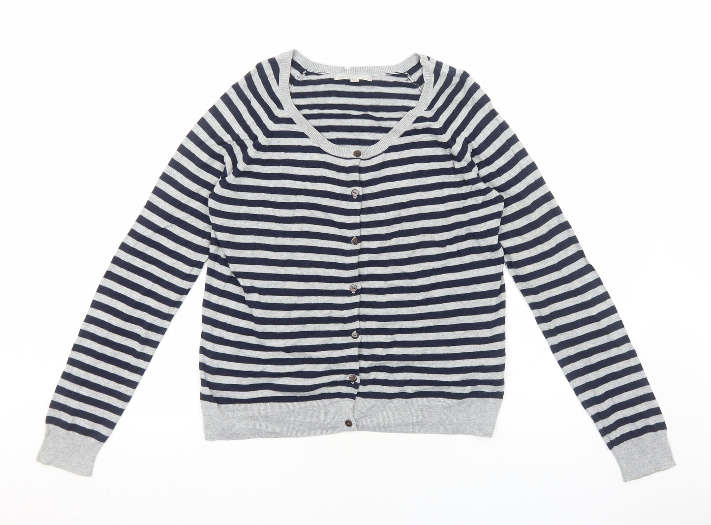 Gap Womens Grey Scoop Neck Striped Cotton Cardigan Jumper Size L