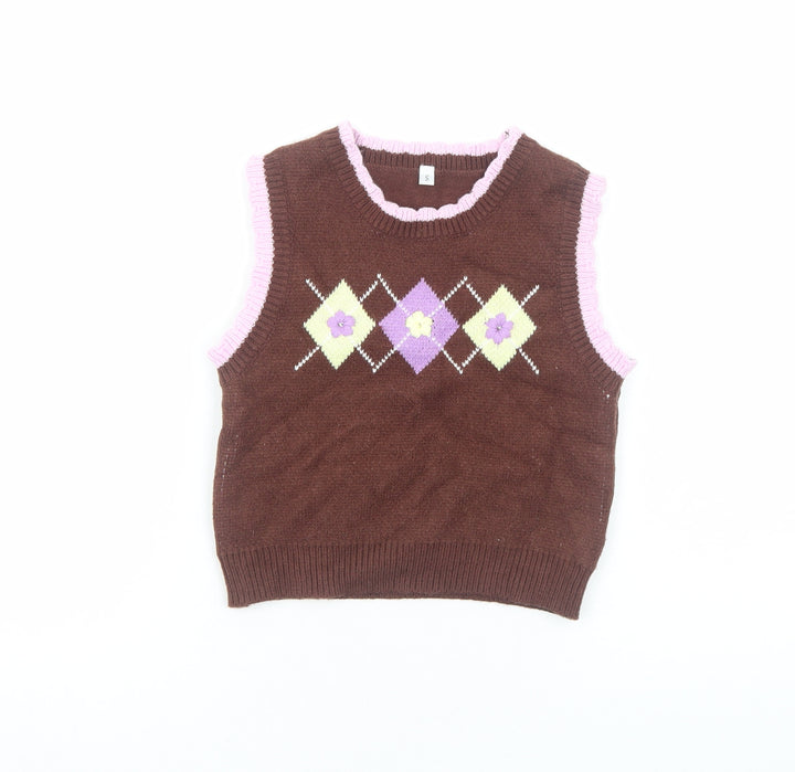 Preworn Girls Brown Round Neck Viscose Vest Jumper Size S Pullover