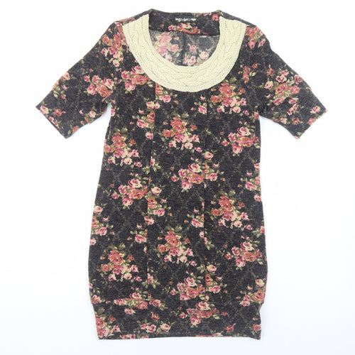 Angeltye Womens Brown Floral Cotton Jumper Dress Size M Round Neck Pullover