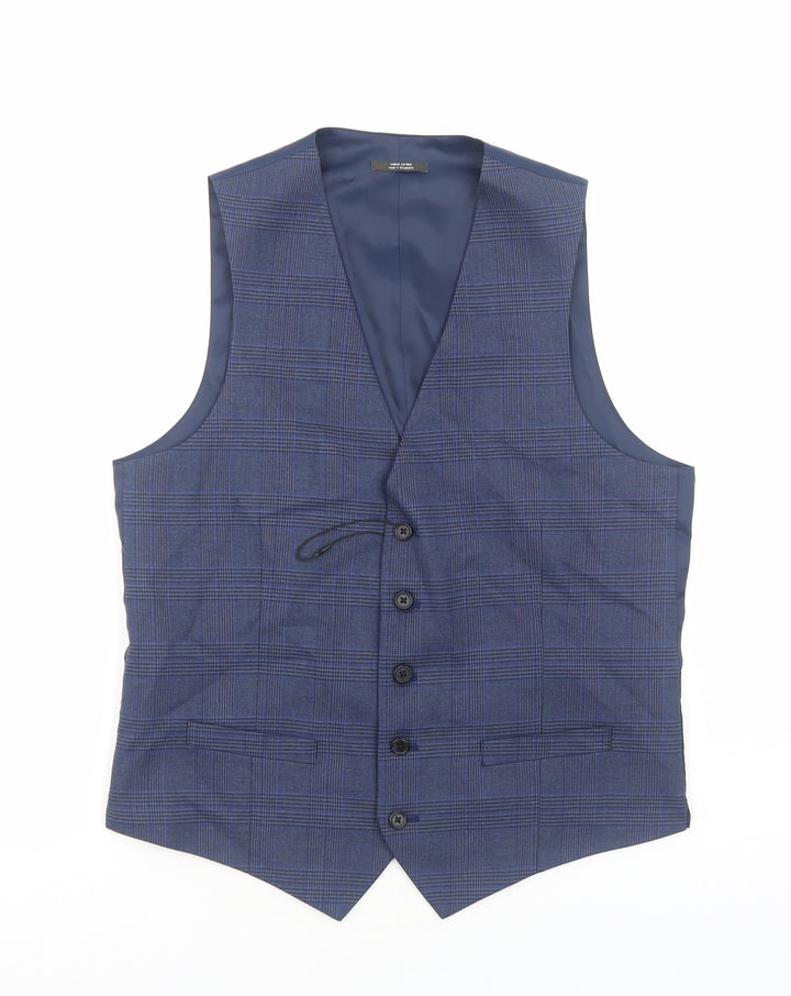 Marks and Spencer Mens Blue Plaid Polyester Jacket Suit Waistcoat Size M Regular