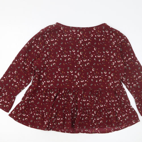 Preworn Womens Red Floral Polyester Basic Blouse Size M Round Neck