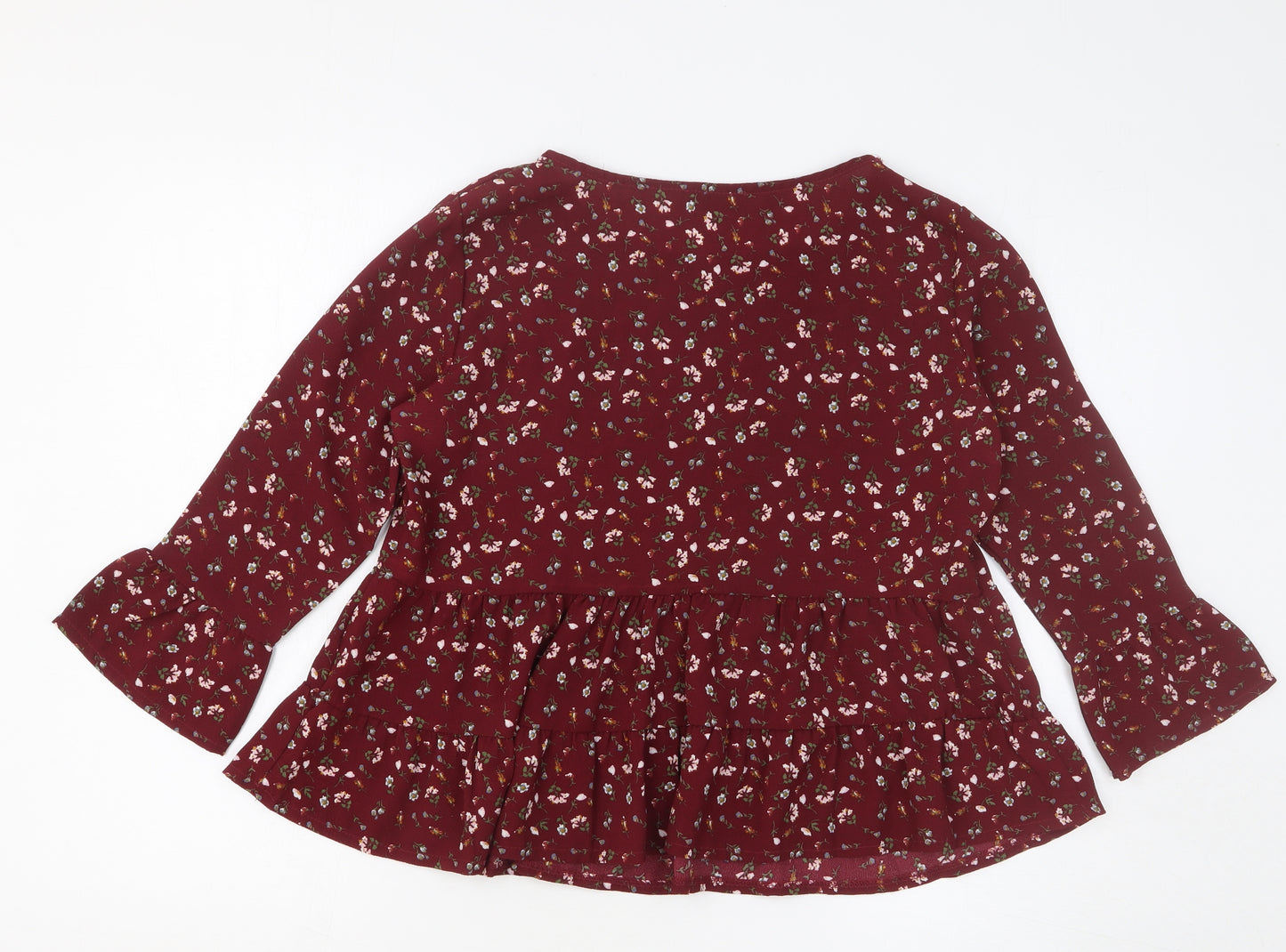 Preworn Womens Red Floral Polyester Basic Blouse Size M Round Neck