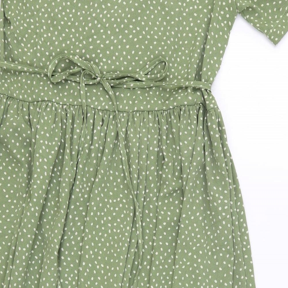 SheIn Womens Green Polka Dot Polyester T-Shirt Dress Size M V-Neck Drawstring