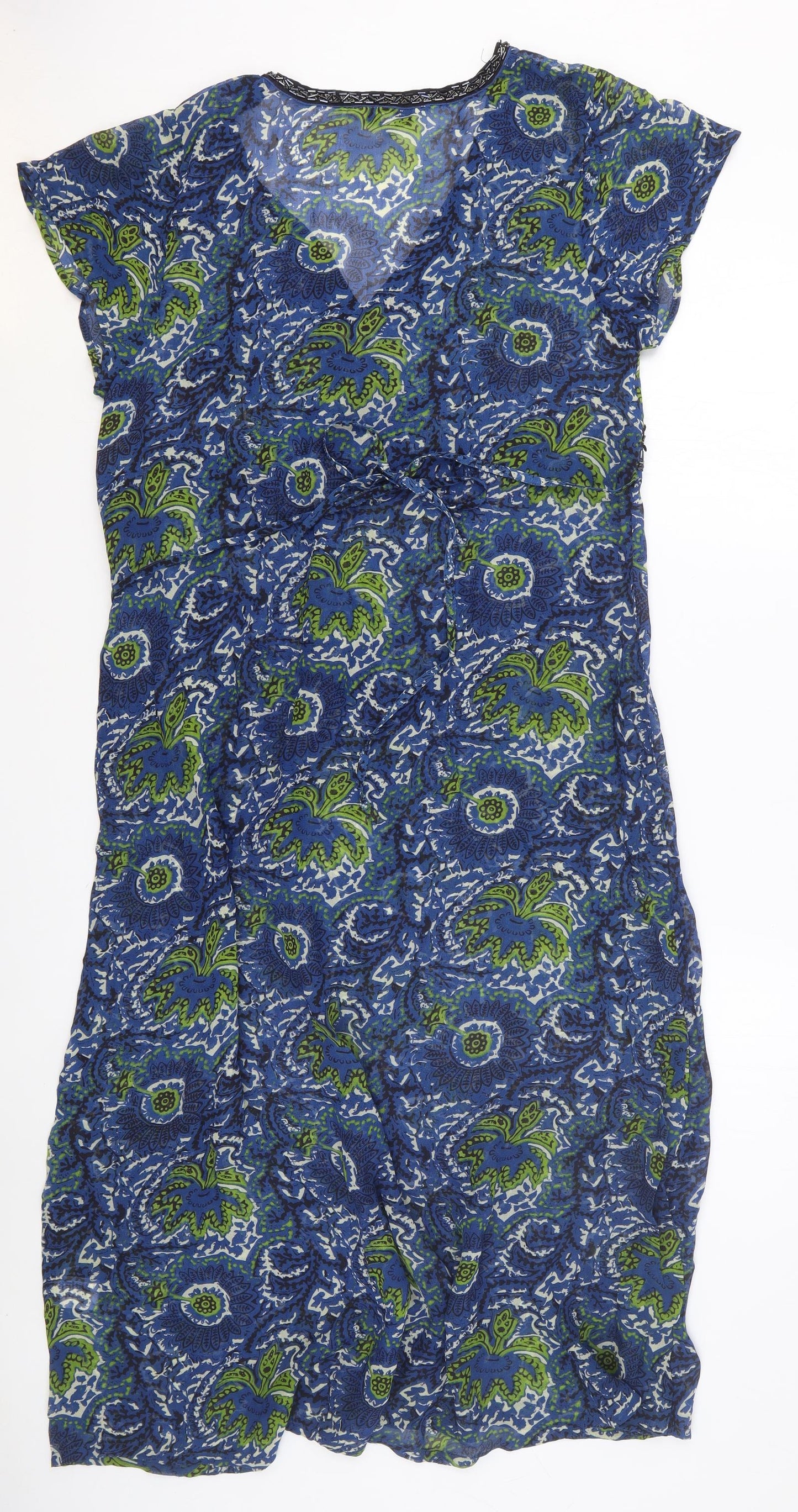 EAST Womens Blue Geometric Viscose A-Line Size 12 V-Neck Drawstring