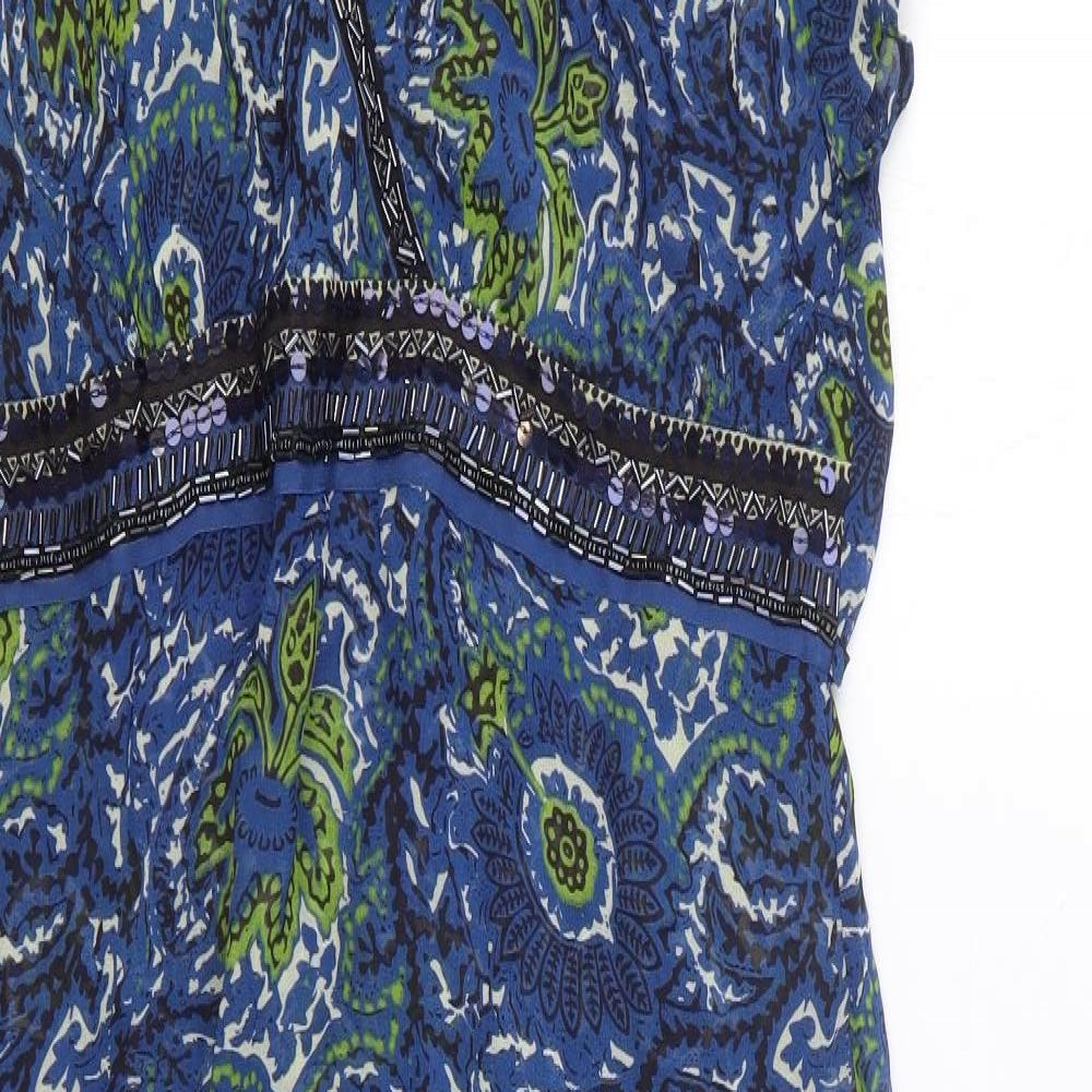 EAST Womens Blue Geometric Viscose A-Line Size 12 V-Neck Drawstring