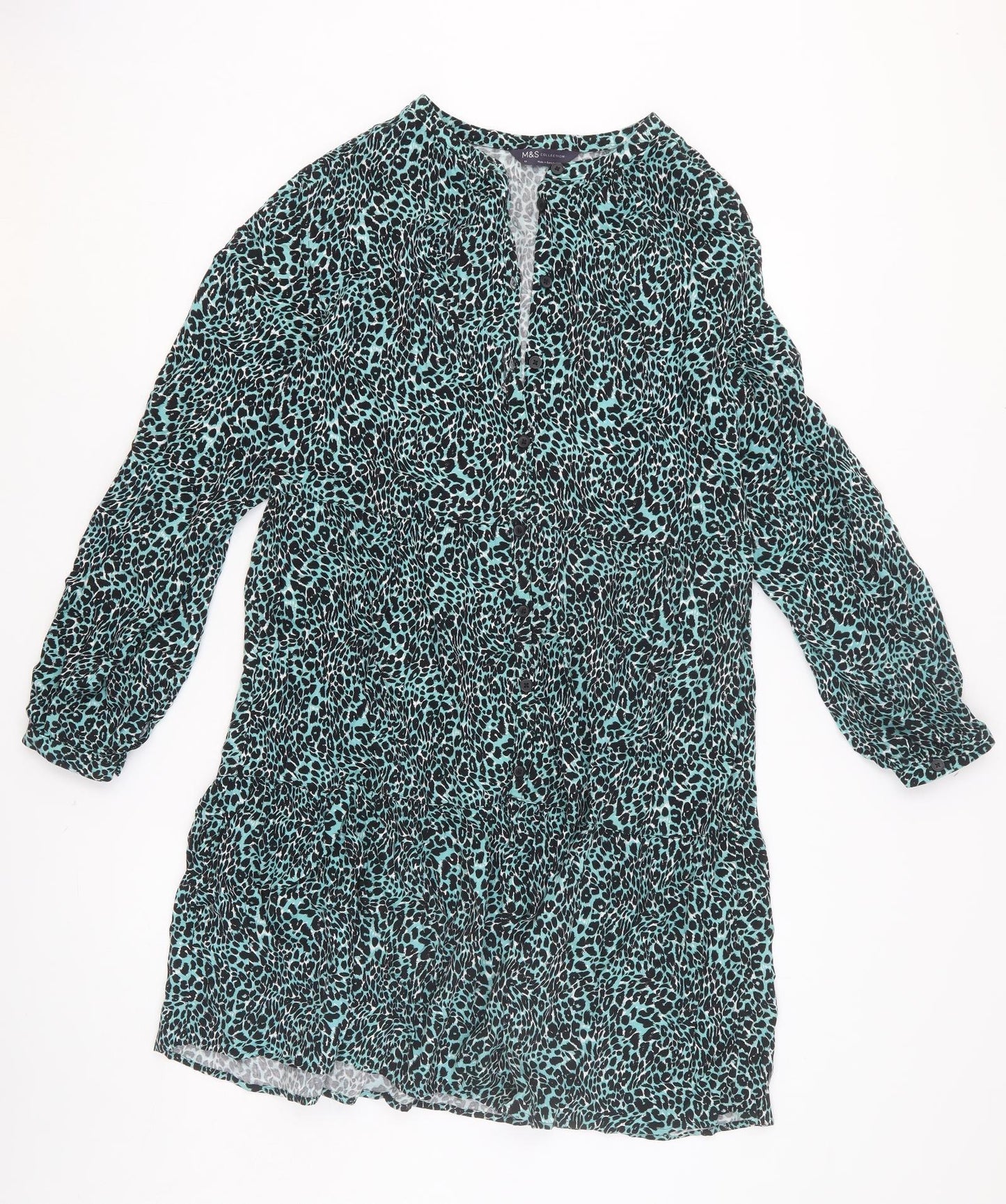 Marks and Spencer Womens Green Animal Print Viscose A-Line Size 10 V-Neck Button - Leopard Pattern