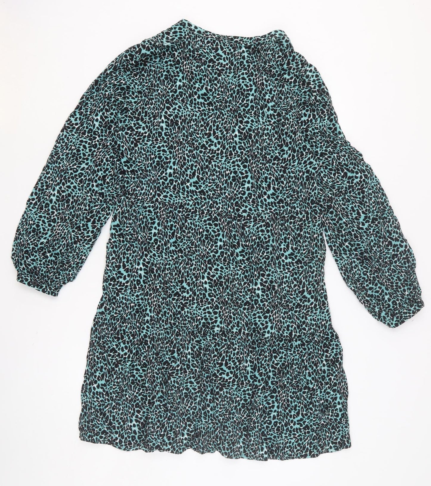Marks and Spencer Womens Green Animal Print Viscose A-Line Size 10 V-Neck Button - Leopard Pattern